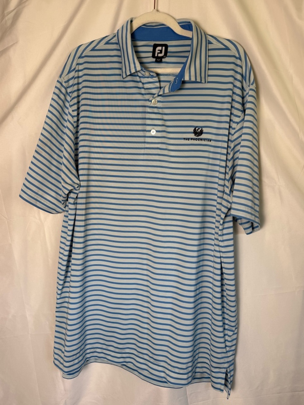 Like New FootJoy Light Blue Striped Golf Polo with Phoenician Scottsdale Logo